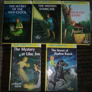 5 Yellow Hard-cover Nancy Drew Detective Series Books Lot.